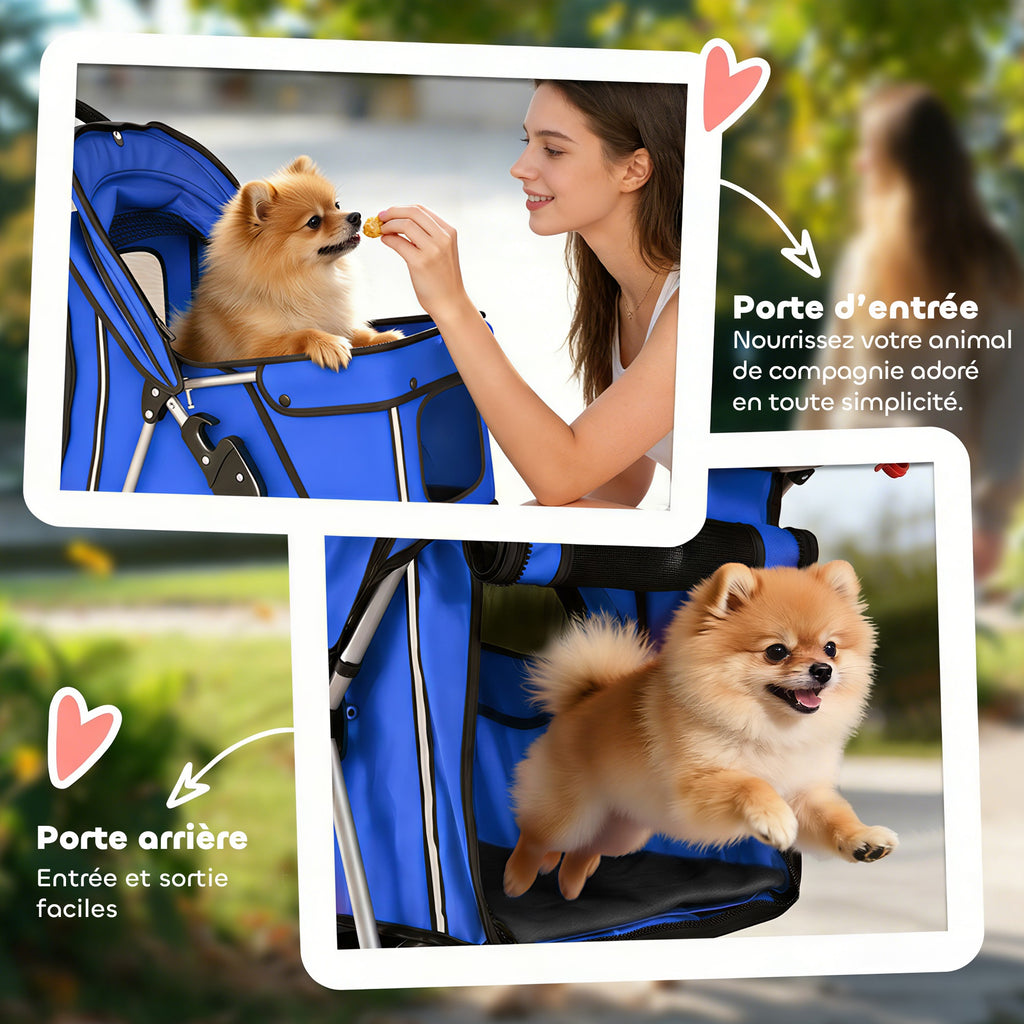 Poussette buggy pliable animaux chariot pliante chien chat porte-gobelet panier de rangement 75 x 45 x 97 cm bleu
