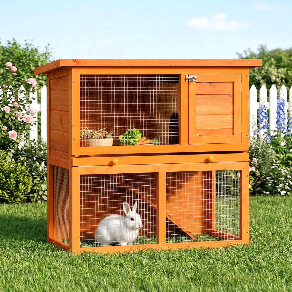 Clapier à lapin cage à lapin 2 étages plateau coulissant rampe et toit ouvrant 90L x 45l x 80H cm