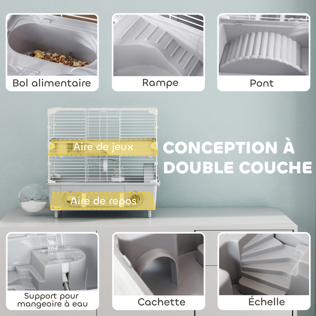 Cage pour hamster  à 2 niveaux avec roue de course salle de bain en sable pour hamster nain 44,5 x 28 x 44 cm gris