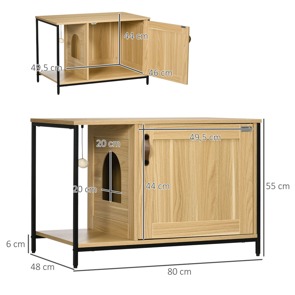 Maison de toilette pour chat style industriel porte entrée latérale boule suspendue châssis acier aspect bois clair