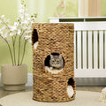 Tonneau à Gratter pour Chat 3 Niveaux, Coussins, Tressage en Jacinthe d'Eau, Cadre en Acier, Ø 40 x 73 cm, Marron Clair