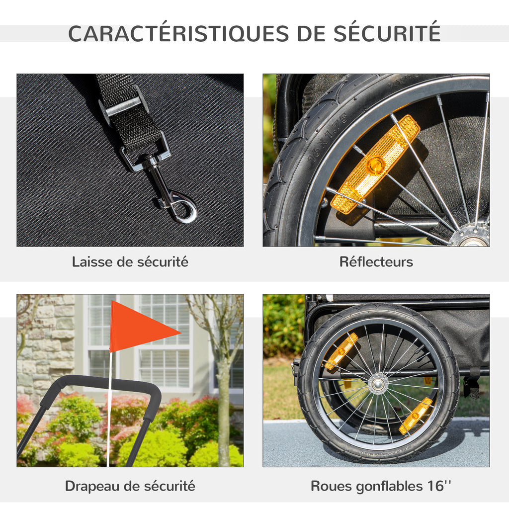 Remorque vélo jogger 2 en 1 pour animaux de compagnie drapeau roue avant pivotante réflecteurs noir