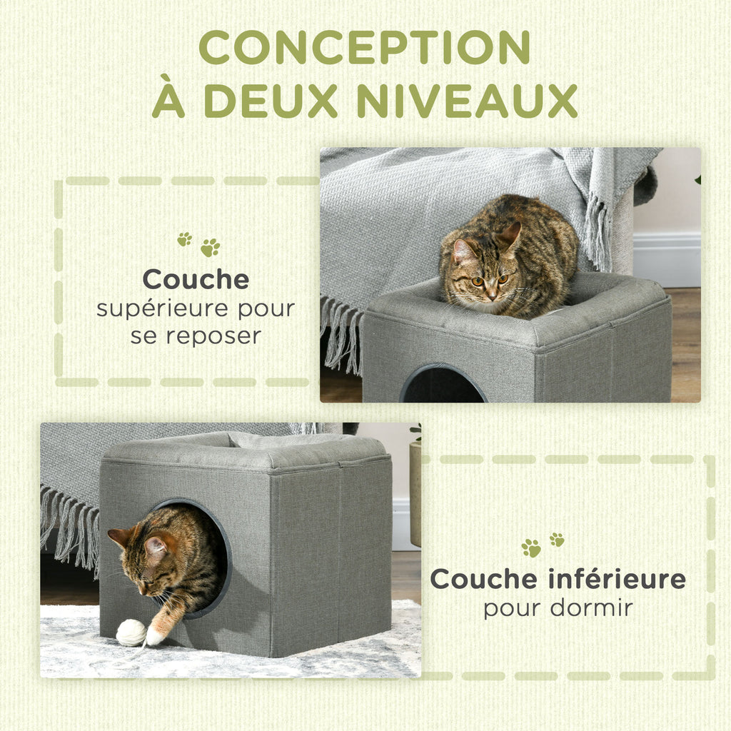 Maison niche pour chat 2 niveaux avec coussin moelleux en peluche - 36,5 x 36,5 x 33 cm gris