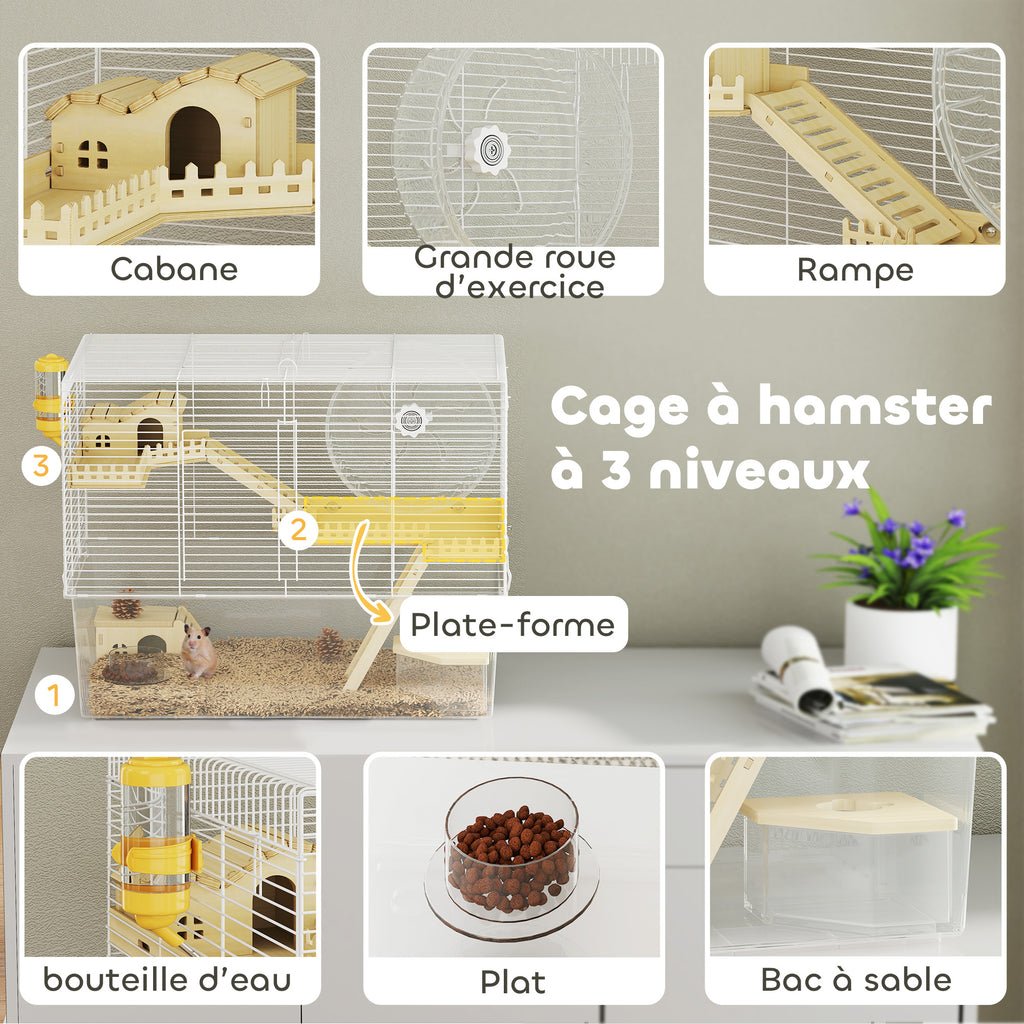 Cage à hamster à 3 niveaux, cage rongeur avec roue d'exercice, plateau profond transparent, 59 x 35,5 x 47 cm, blanc