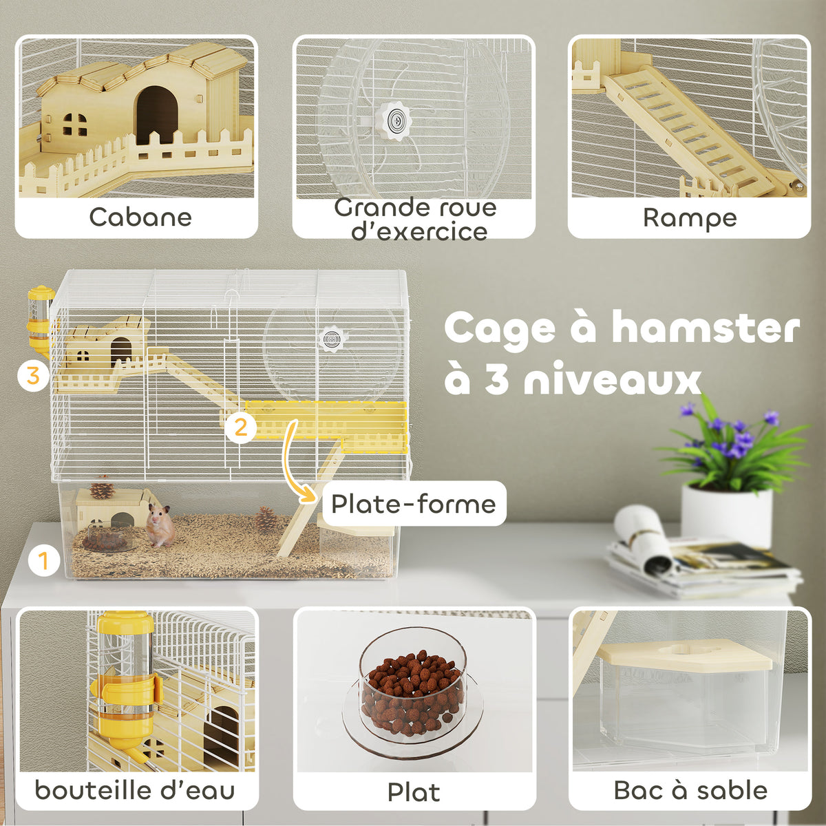 Cage à hamster à 3 niveaux, cage rongeur avec roue d'exercice, plateau profond transparent, 59 x 35,5 x 47 cm, blanc