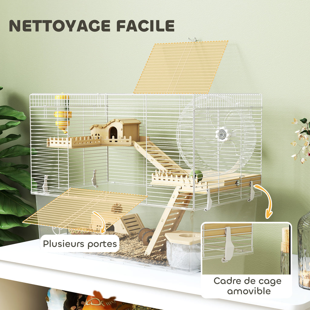 Cage à hamster à 3 niveaux, cage rongeur avec roue d'exercice, plateau profond transparent, 59 x 35,5 x 47 cm, blanc