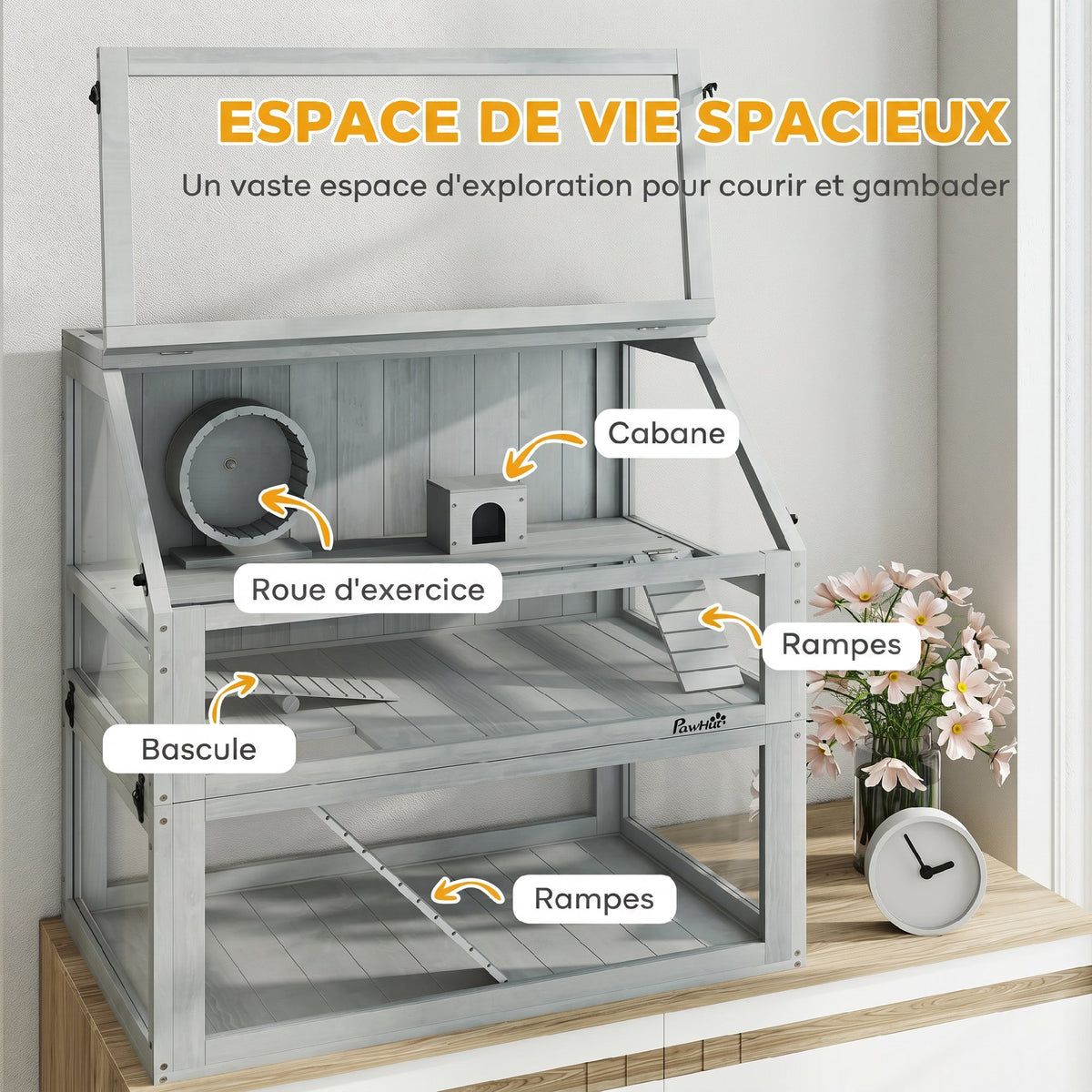 Cage Hamster Rongeur à 3 Niveaux, Base Amovible Profonde, Cabane, Balançoire, 80x50x76cm Gris Clair