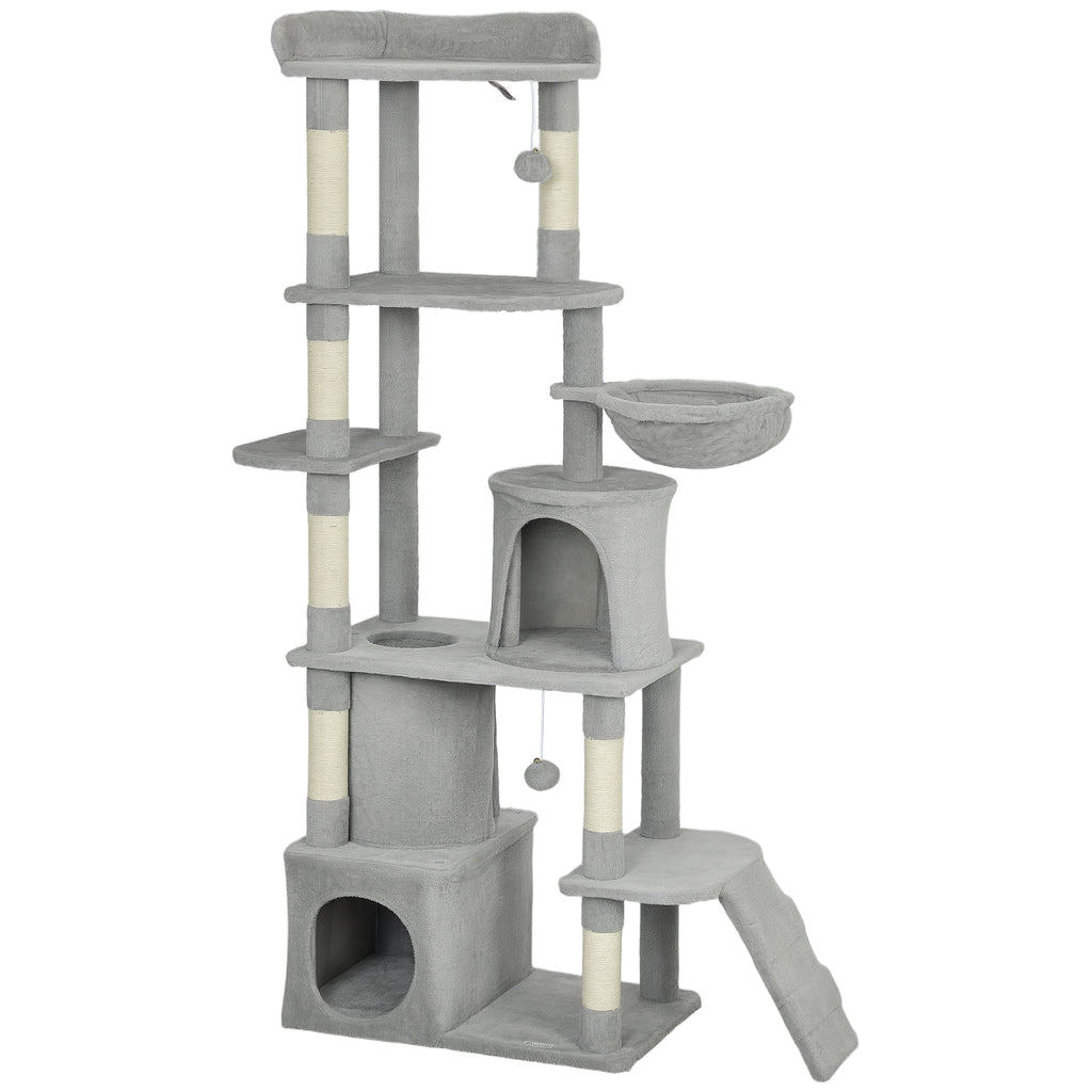Arbre à chat tour de jeux 7 poteaux à griffer 3 plateformes 2 niches tunnel hamac et 2 pompons 170 cm gris foncé