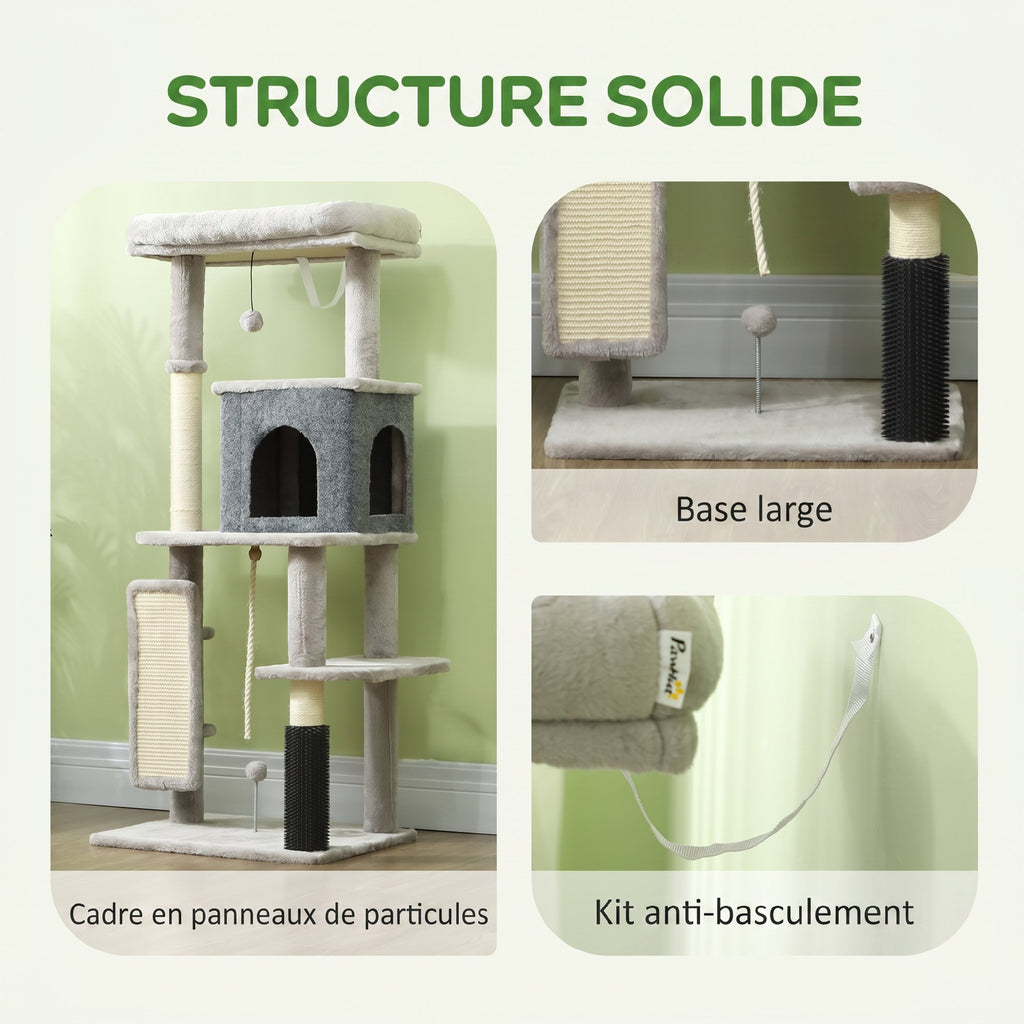 Arbre à Chat Tour de Jeux pour Chats Centre d'Activités avec Poteaux à Griffer en Sisal Niche Hauteur 132 cm Gris