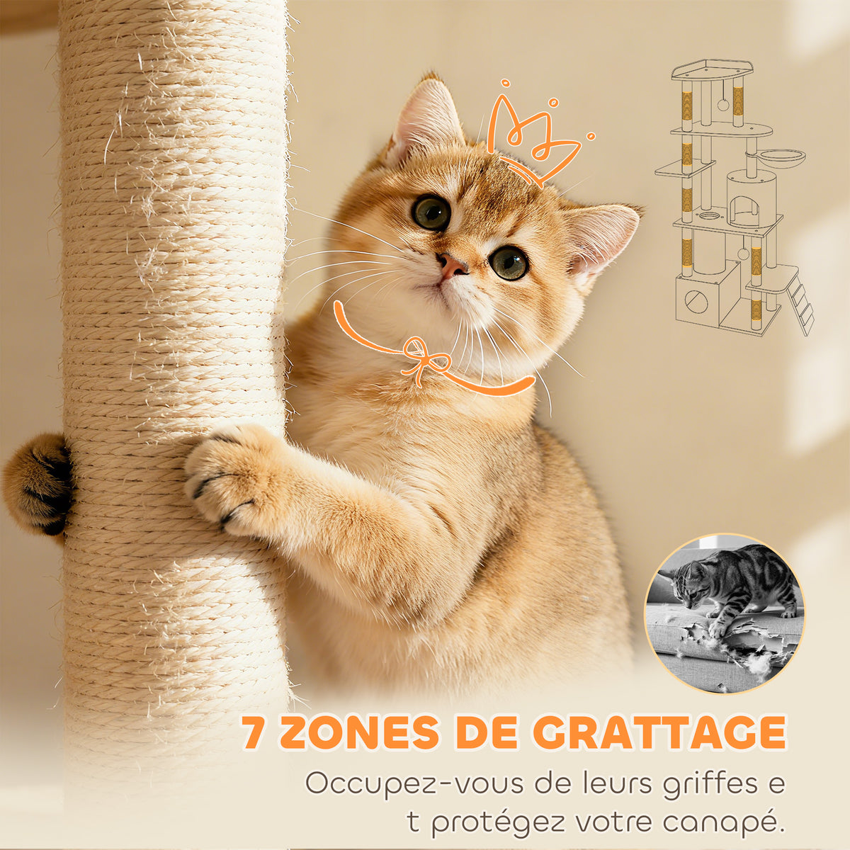 Arbre à chat tour de jeux 7 poteaux à griffer 3 plateformes 2 niches tunnel hamac et 2 pompons 170 cm gris foncé