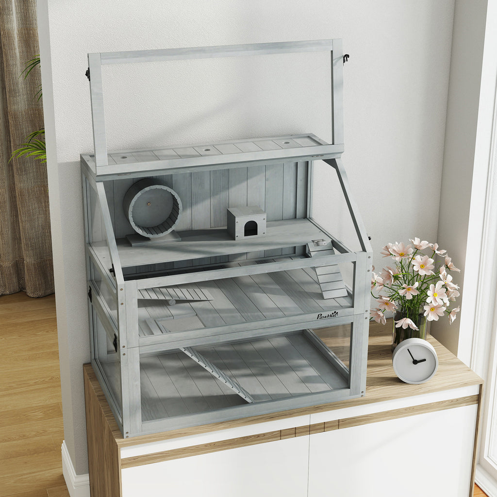 Cage Hamster Rongeur à 3 Niveaux, Base Amovible Profonde, Cabane, Balançoire, 80x50x76cm Gris Clair