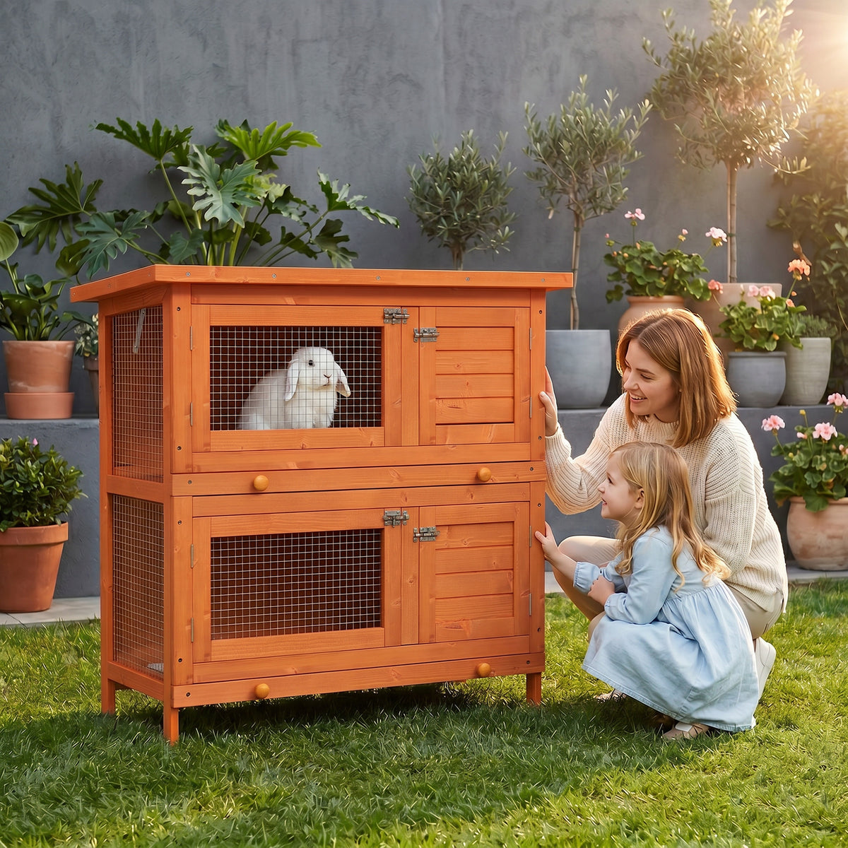 Clapier à lapin cage à lapin double niveau plateaux coulissants 4 portes verrouillables toit ouvrant 90L x 45l x 90H cm