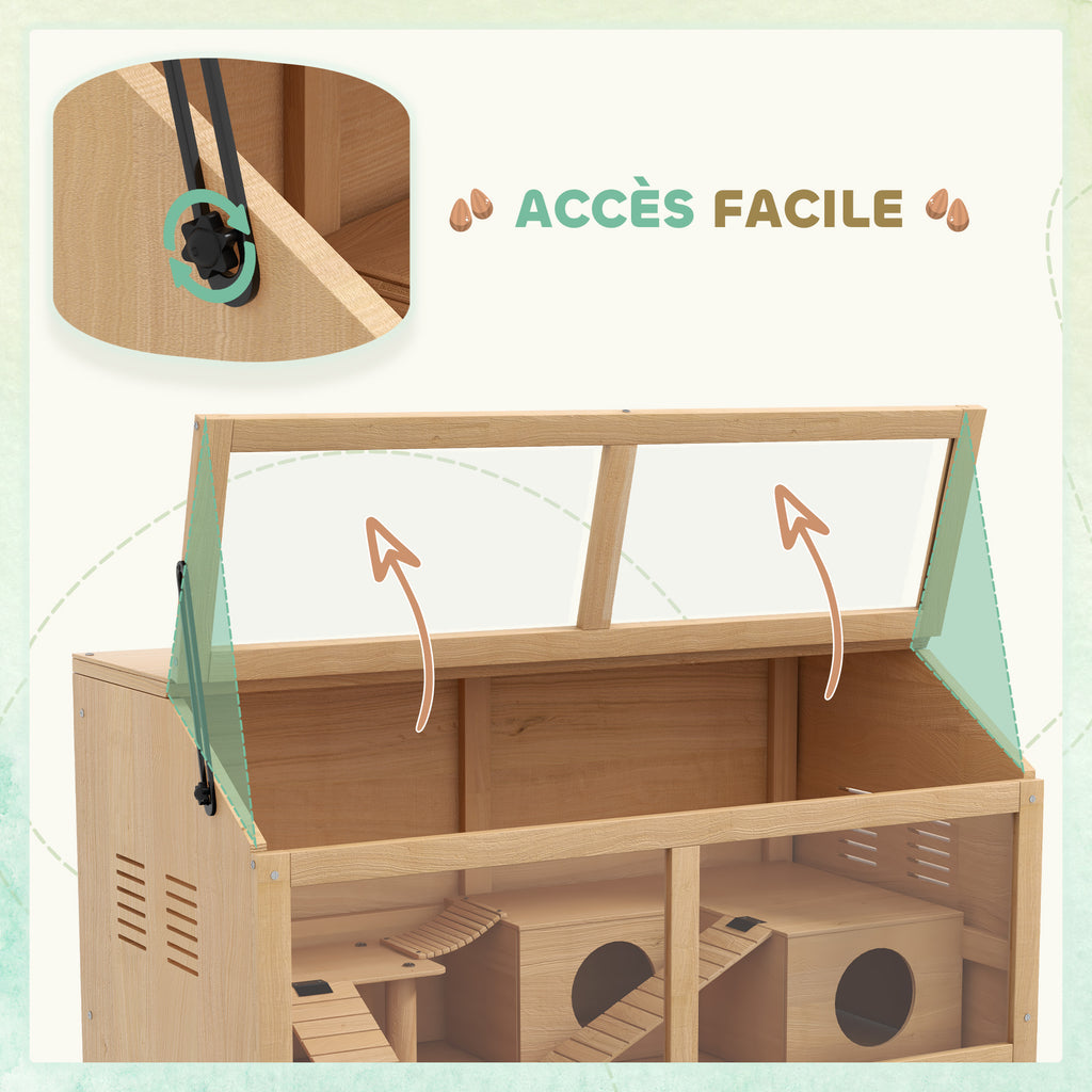 Cage hamster en bois habitat grand pour rongeur ventilation couvercle ouvrant et accessoires 85x45x44cm bois naturel