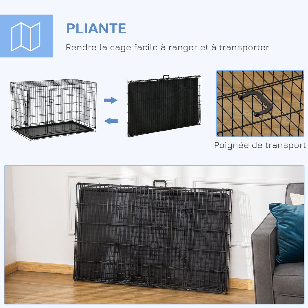 Cage caisse de transport pliante pour chien en acier 2 portes verrouillables 121 x 77 x 82 cm noir