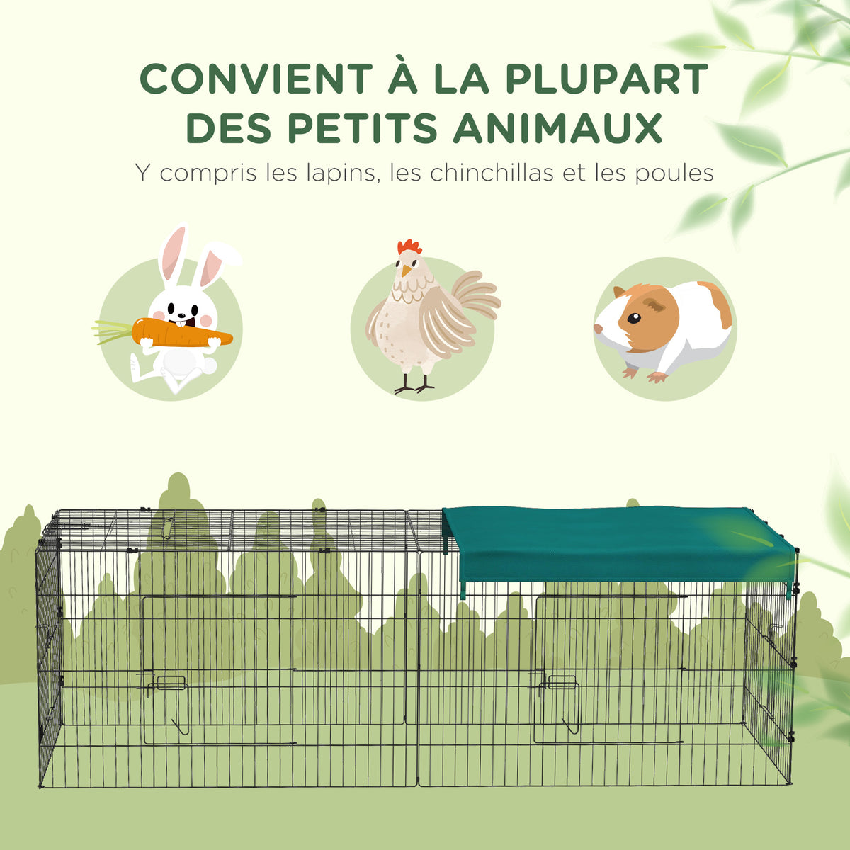 Parc enclos modulable acier avec bache pour lapins rongeurs petits animaux intérieur extérieur 220L x 85l x 70H cm vert