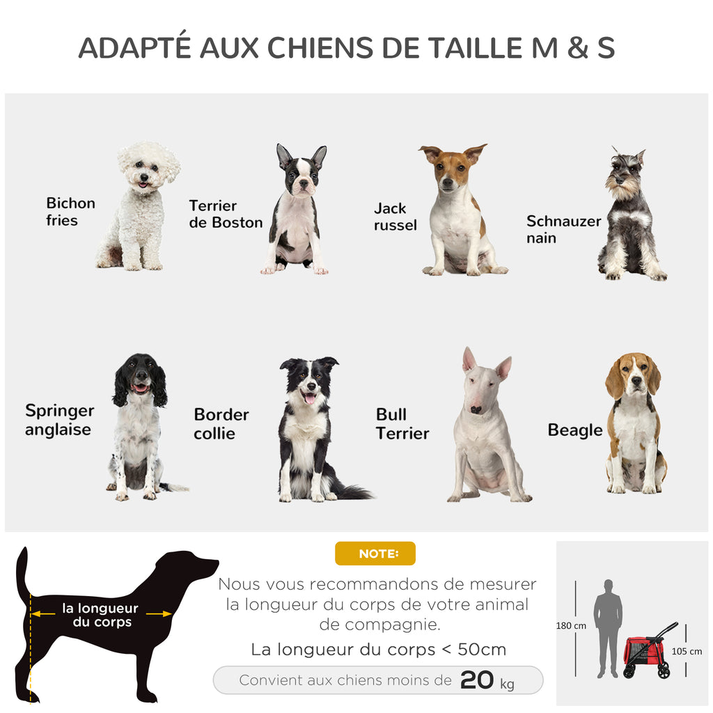 Poussette pliable animaux chien chat coussin inclus roues avec frein tissu 600D Oxford 102 x 62 x 105 cm rouge