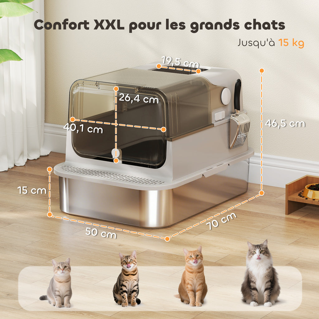 Maison de Toilette pour Chat XXL en Inox, Couvercle 90°, Double Porte, Filtre Frontal, Pelle, 70x50x46,5cm, Gris