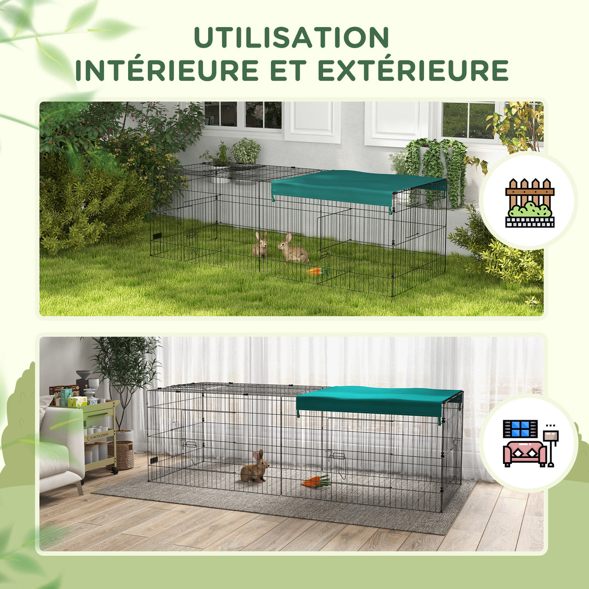 Parc enclos modulable acier avec bache pour lapins rongeurs petits animaux intérieur extérieur 220L x 85l x 70H cm vert