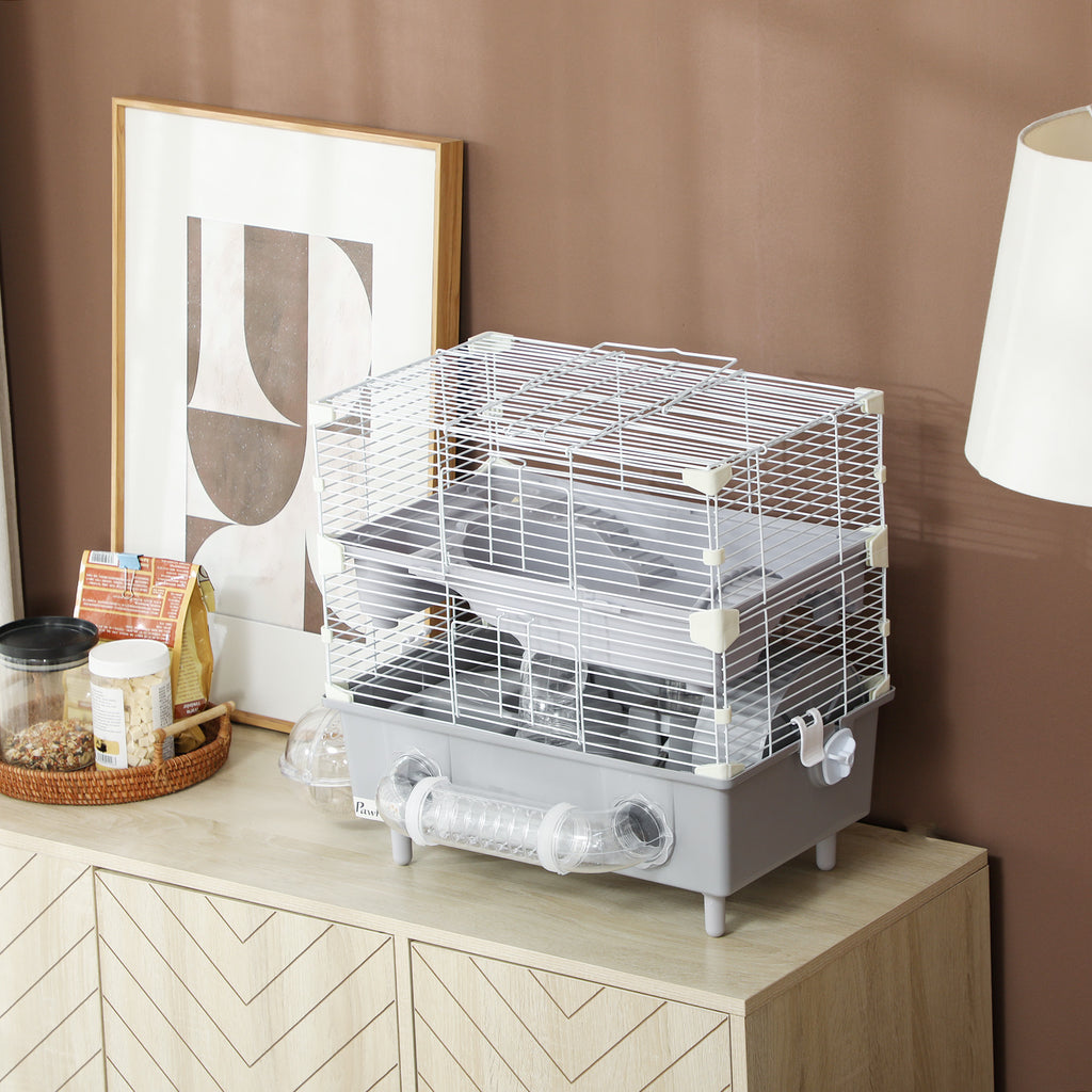 Cage pour hamster  à 2 niveaux avec roue de course salle de bain en sable pour hamster nain 44,5 x 28 x 44 cm gris