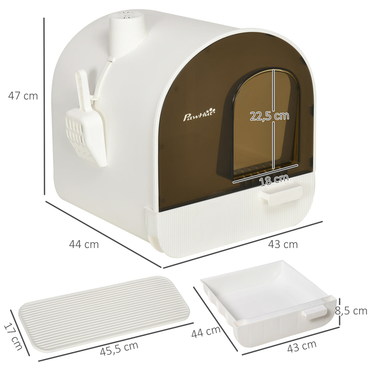 Maison de toilette pour chat avec tiroir amovible, bac à litière fermé avec tapis anti-trace, pelle, filtre anti-odeur et porte battante, nettoyage facile, 43 x 44 x 47 cm, blanc