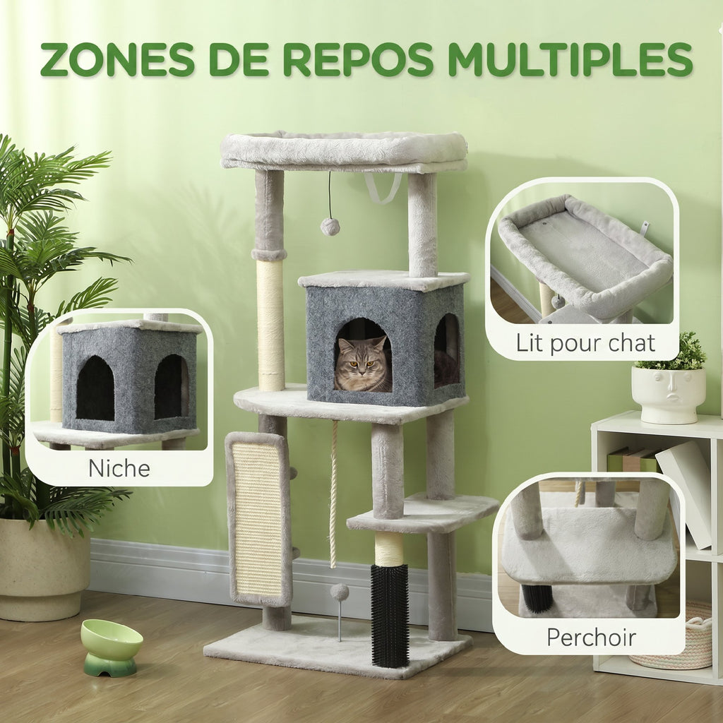 Arbre à Chat Tour de Jeux pour Chats Centre d'Activités avec Poteaux à Griffer en Sisal Niche Hauteur 132 cm Gris