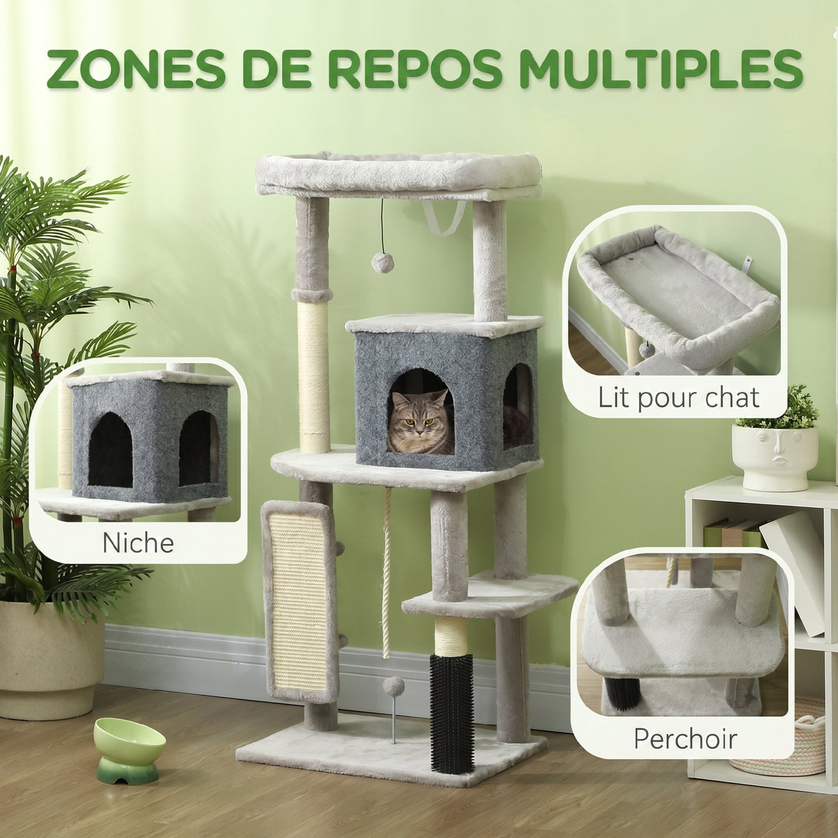 Arbre à Chat Tour de Jeux pour Chats Centre d'Activités avec Poteaux à Griffer en Sisal Niche Hauteur 132 cm Gris