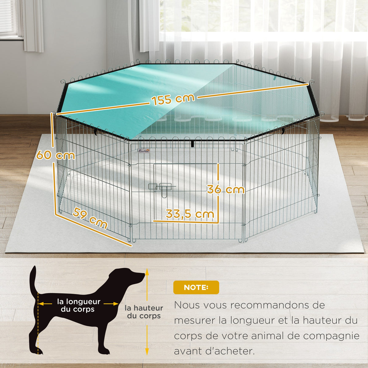 Parc pour chien, enclos chien 8 panneaux avec toit, modulable et pliable, enclos portable 60H cm avec porte argent vert