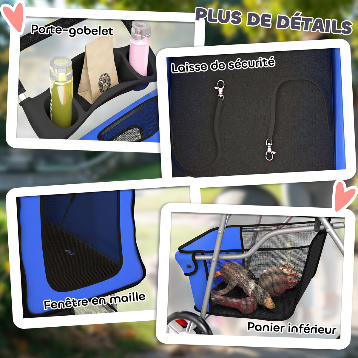 Poussette buggy pliable animaux chariot pliante chien chat porte-gobelet panier de rangement 75 x 45 x 97 cm bleu