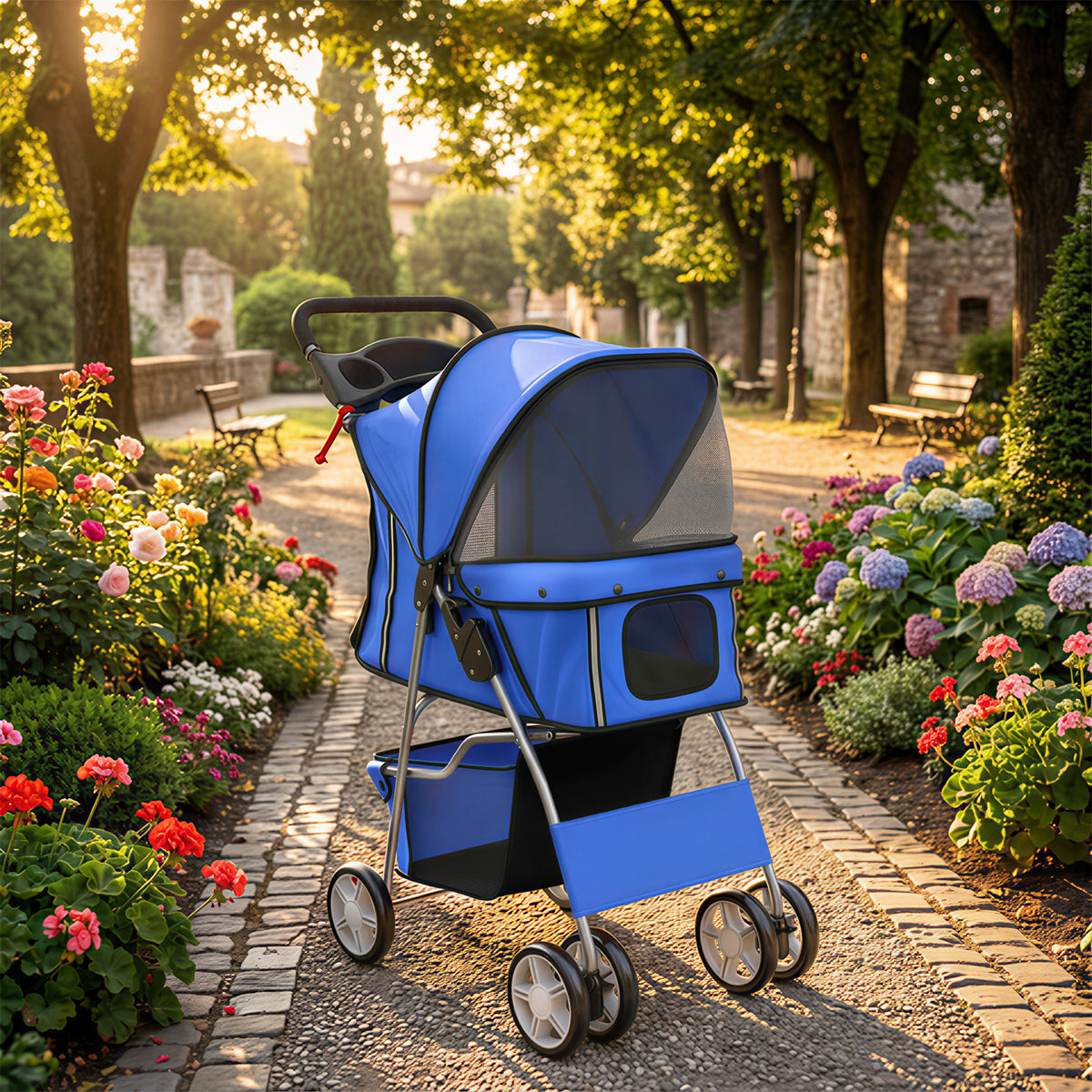 Poussette buggy pliable animaux chariot pliante chien chat porte-gobelet panier de rangement 75 x 45 x 97 cm bleu