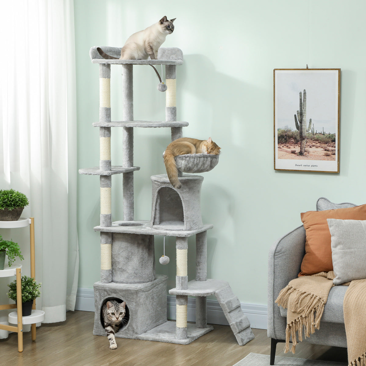 Arbre à chat tour de jeux 7 poteaux à griffer 3 plateformes 2 niches tunnel hamac et 2 pompons 170 cm gris foncé