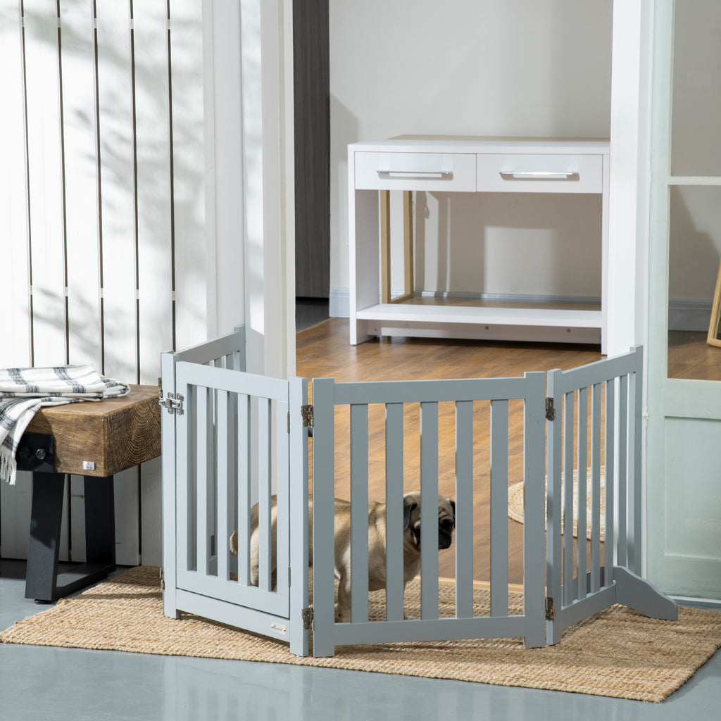Barrière de Sécurité Chien Pliable Double Face en Bois, 4 Panneaux avec Porte, Pieds de Support, 205 x 60 cm, Gris