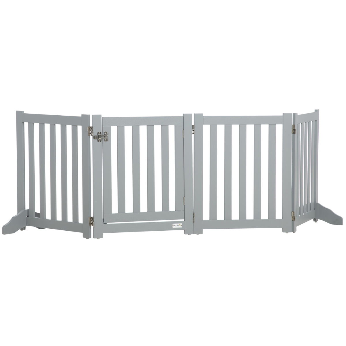 Barrière de Sécurité Chien Pliable Double Face en Bois, 4 Panneaux avec Porte, Pieds de Support, 205 x 60 cm, Gris