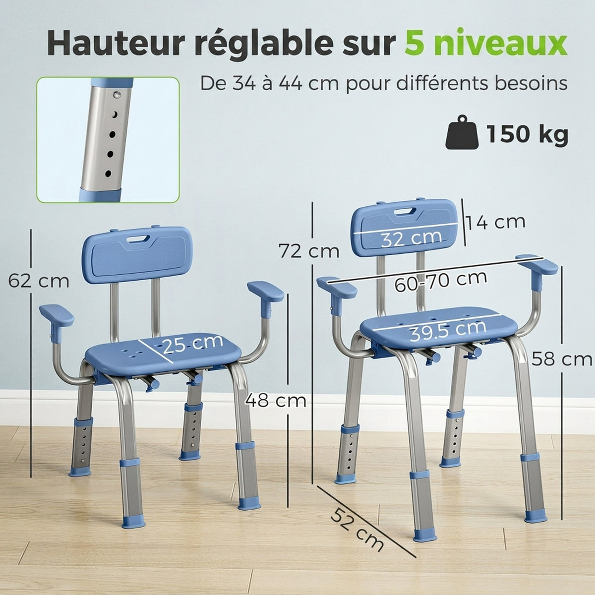 Tabouret de douche chaise de douche ergonomique avec accoudoirs, dossier, hauteur et siège réglables, bleu