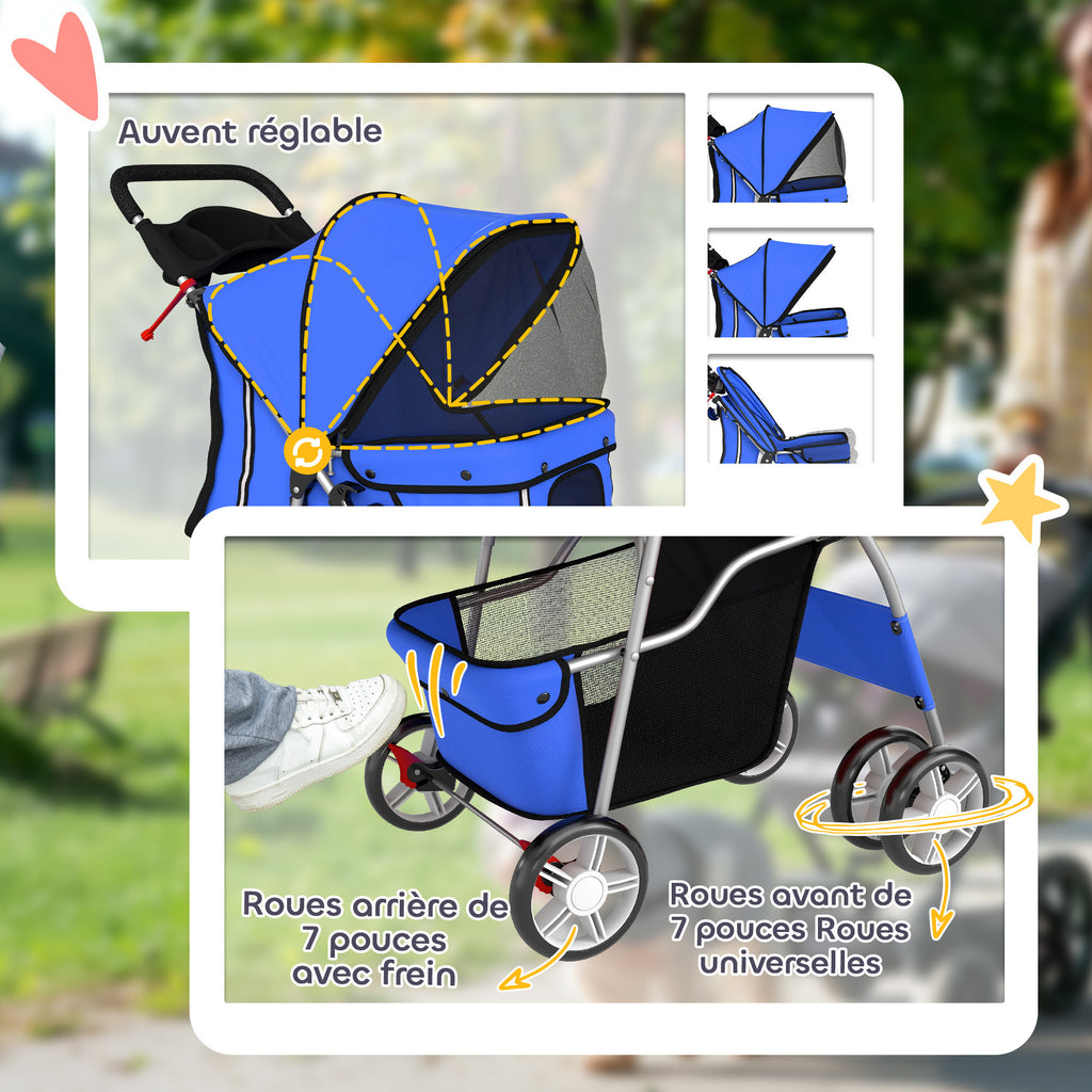Poussette buggy pliable animaux chariot pliante chien chat porte-gobelet panier de rangement 75 x 45 x 97 cm bleu
