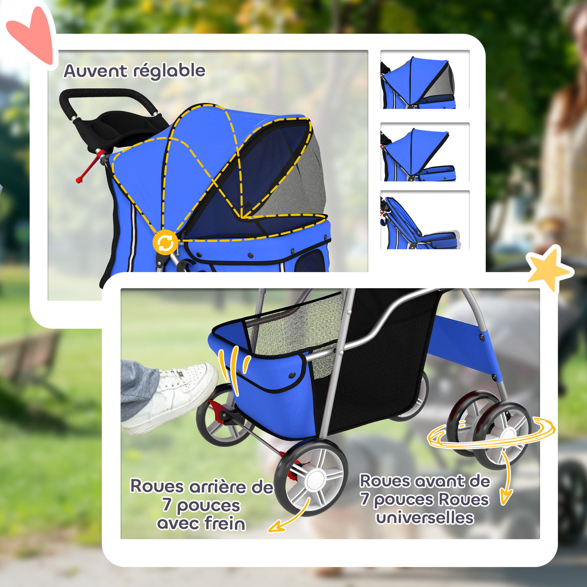 Poussette buggy pliable animaux chariot pliante chien chat porte-gobelet panier de rangement 75 x 45 x 97 cm bleu