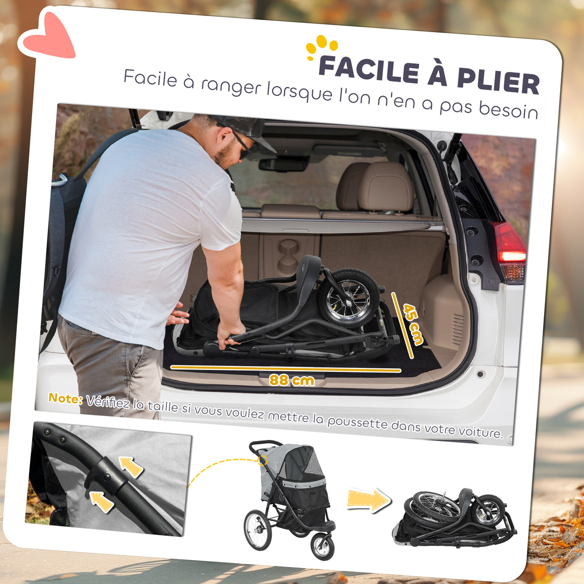 Poussette pour chien pliable avec panier de rangement, coussin lavable, roues en caoutchouc et auvent réglable, gris