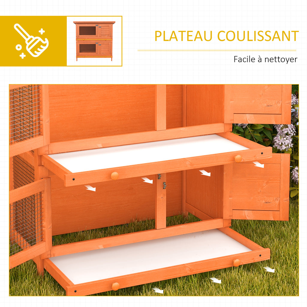 Clapier à lapin cage à lapin double niveau plateaux coulissants 4 portes verrouillables toit ouvrant 90L x 45l x 90H cm