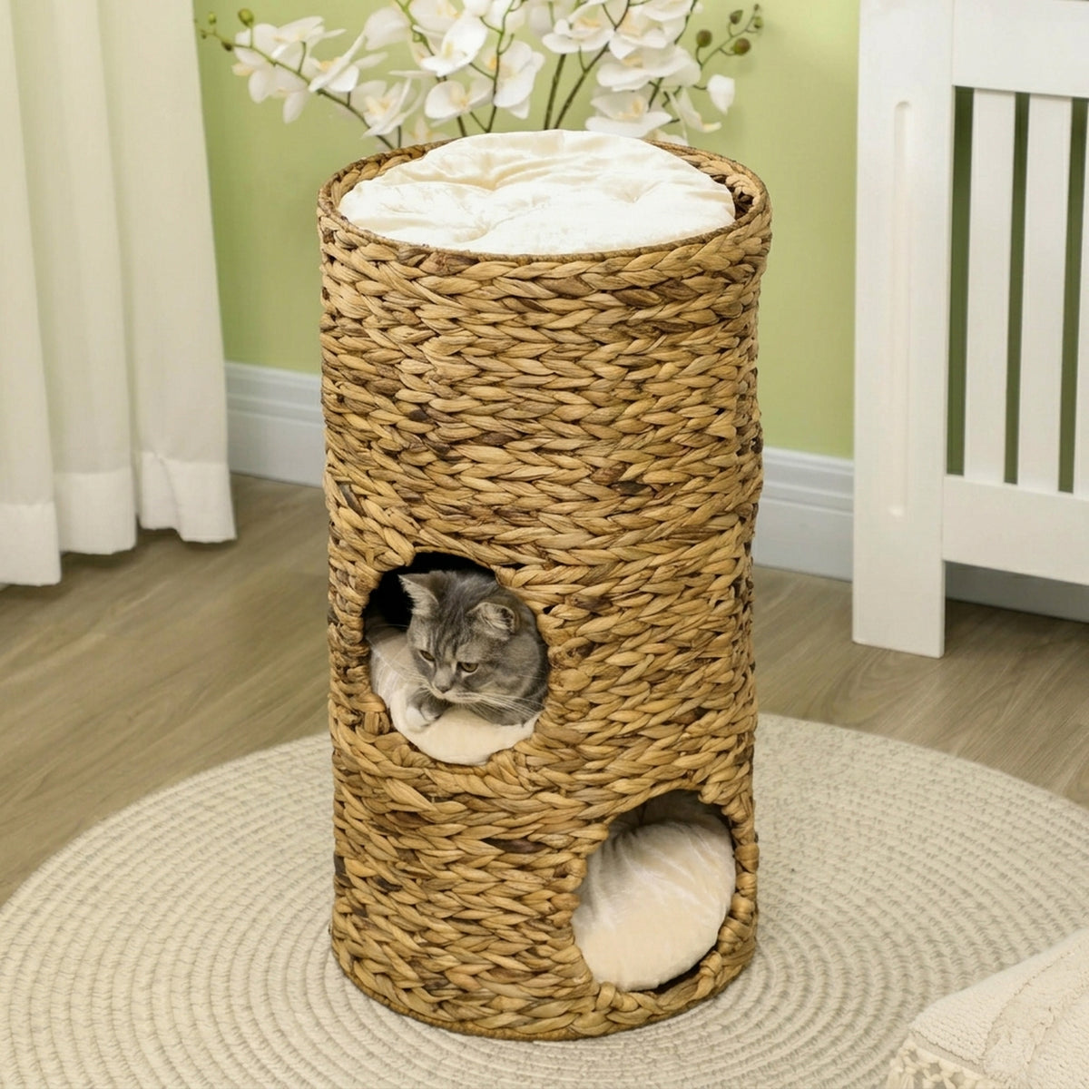 Tonneau à Gratter pour Chat 3 Niveaux, Coussins, Tressage en Jacinthe d'Eau, Cadre en Acier, Ø 40 x 73 cm, Marron Clair