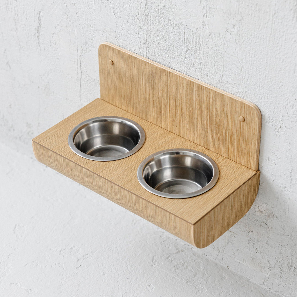Hanging wooden dog feeder with wall protection, Floating raised dog bowls