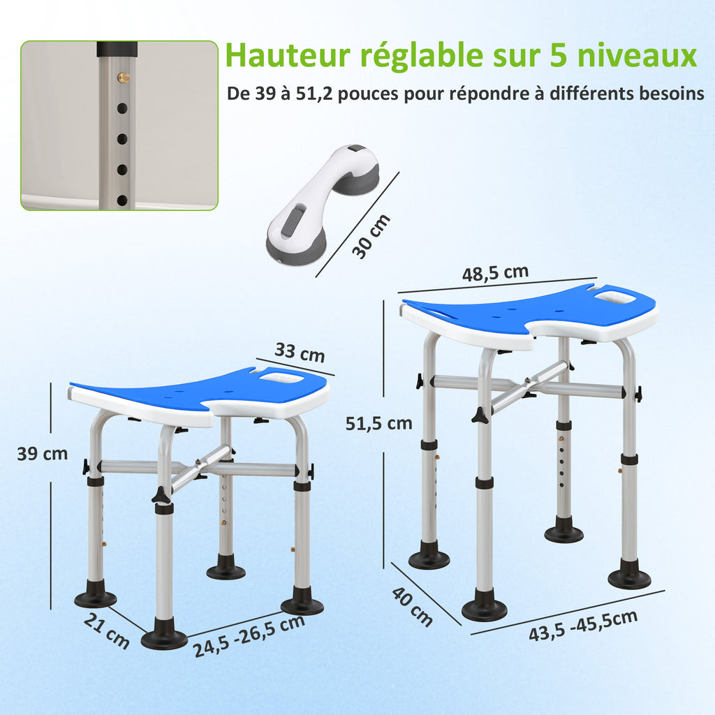 Tabouret de douche siège de douche hauteur ajustable 39-51,5 cm barre d'appui à ventouse patins à ventouse bleu foncé
