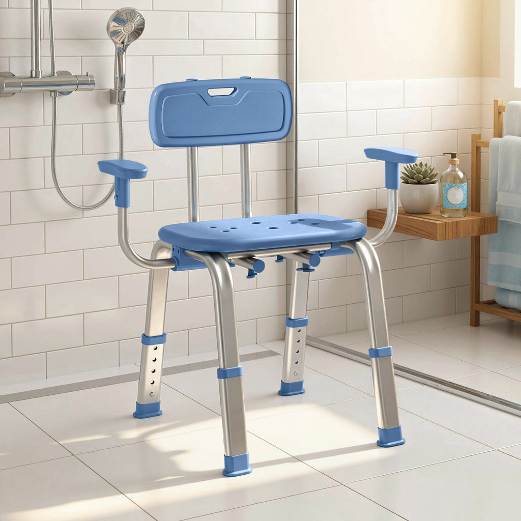 Tabouret de douche chaise de douche ergonomique avec accoudoirs, dossier, hauteur et siège réglables, bleu