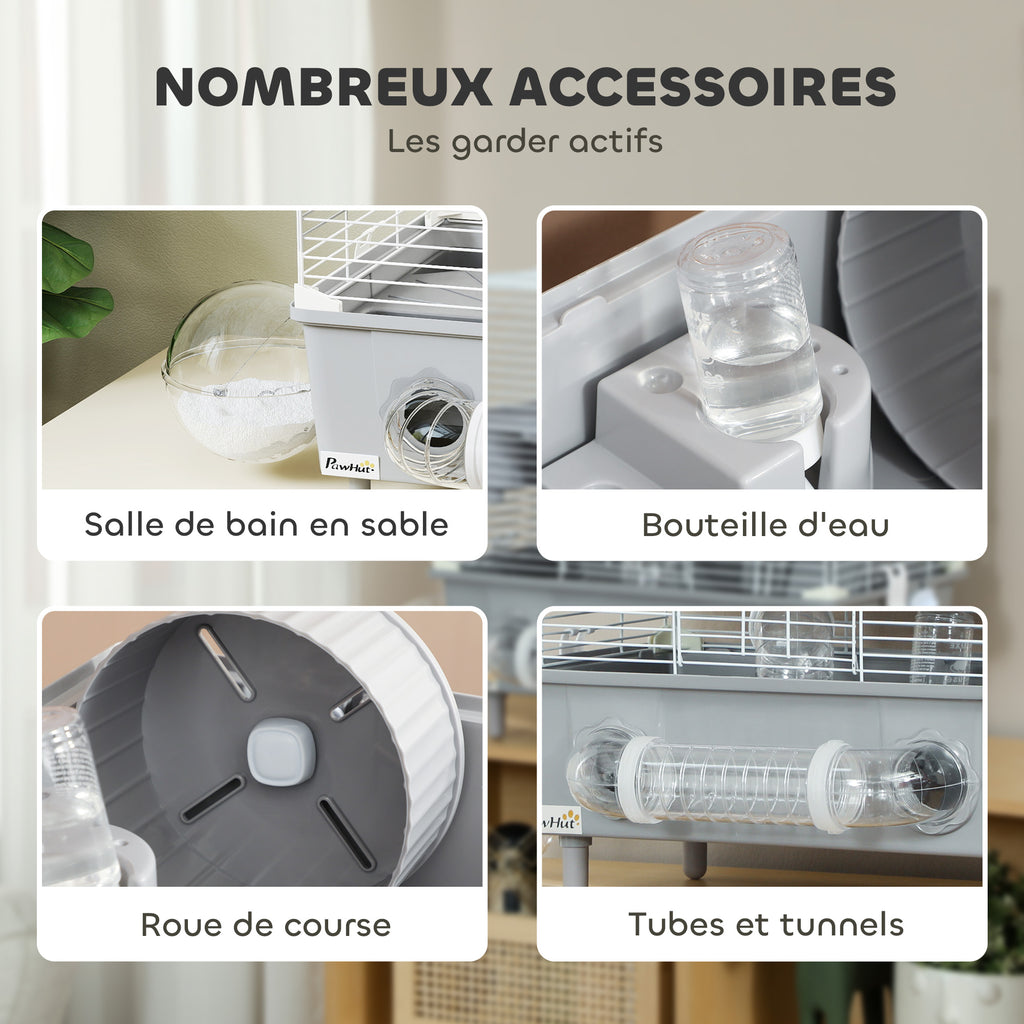 Cage pour hamster  à 2 niveaux avec roue de course salle de bain en sable pour hamster nain 44,5 x 28 x 44 cm gris