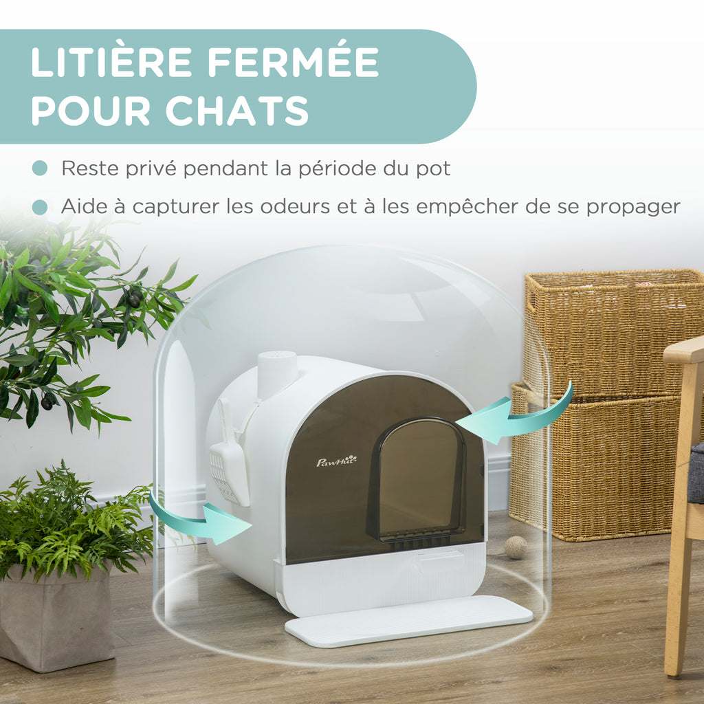 Maison de toilette pour chat avec tiroir amovible, bac à litière fermé avec tapis anti-trace, pelle, filtre anti-odeur et porte battante, nettoyage facile, 43 x 44 x 47 cm, blanc