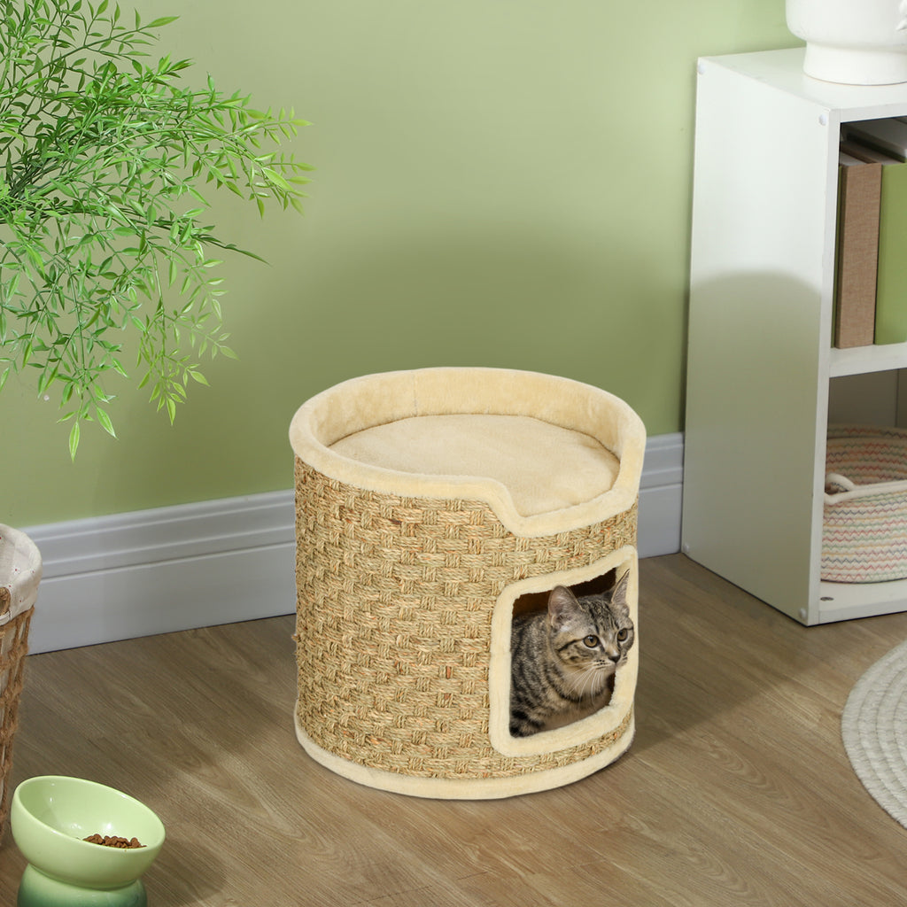 Tonneau à gratter pour chat, tonneau à chat, recouvert de peluche, capacité de 5 kg, Ø 38 x 37H cm kaki et beige