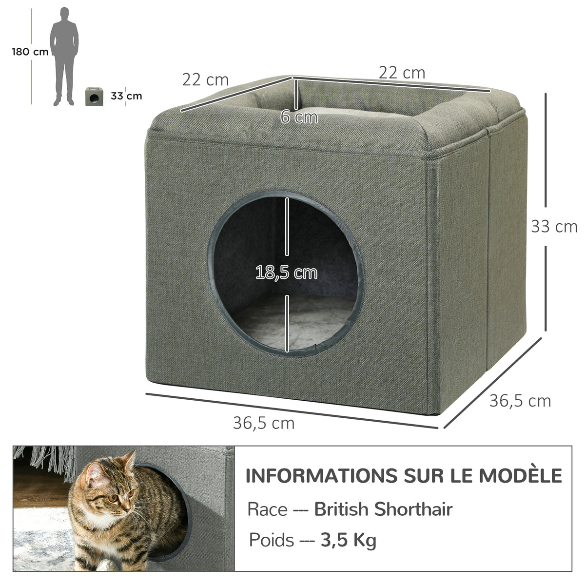 Maison niche pour chat 2 niveaux avec coussin moelleux en peluche - 36,5 x 36,5 x 33 cm gris