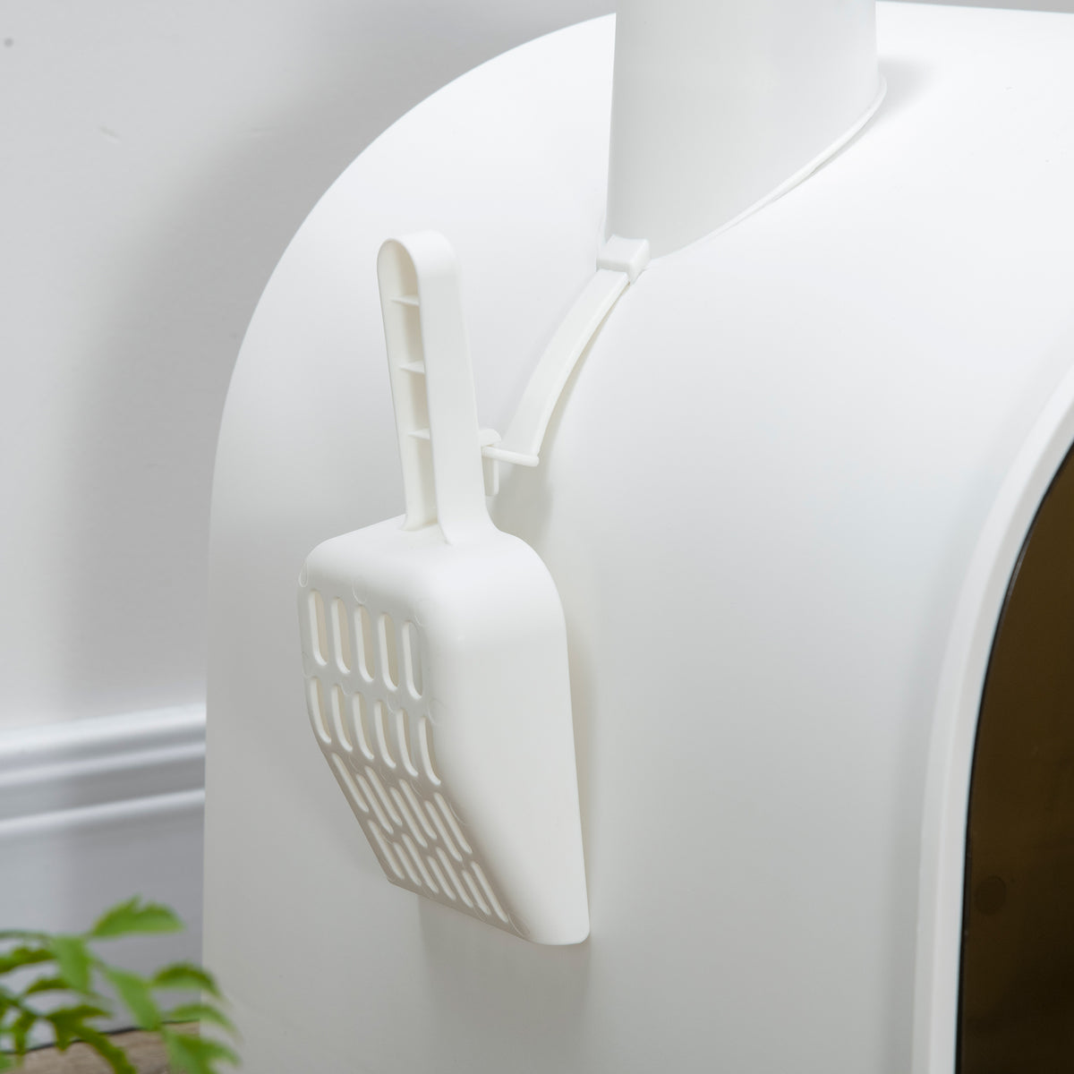 Maison de toilette pour chat avec tiroir amovible, bac à litière fermé avec tapis anti-trace, pelle, filtre anti-odeur et porte battante, nettoyage facile, 43 x 44 x 47 cm, blanc