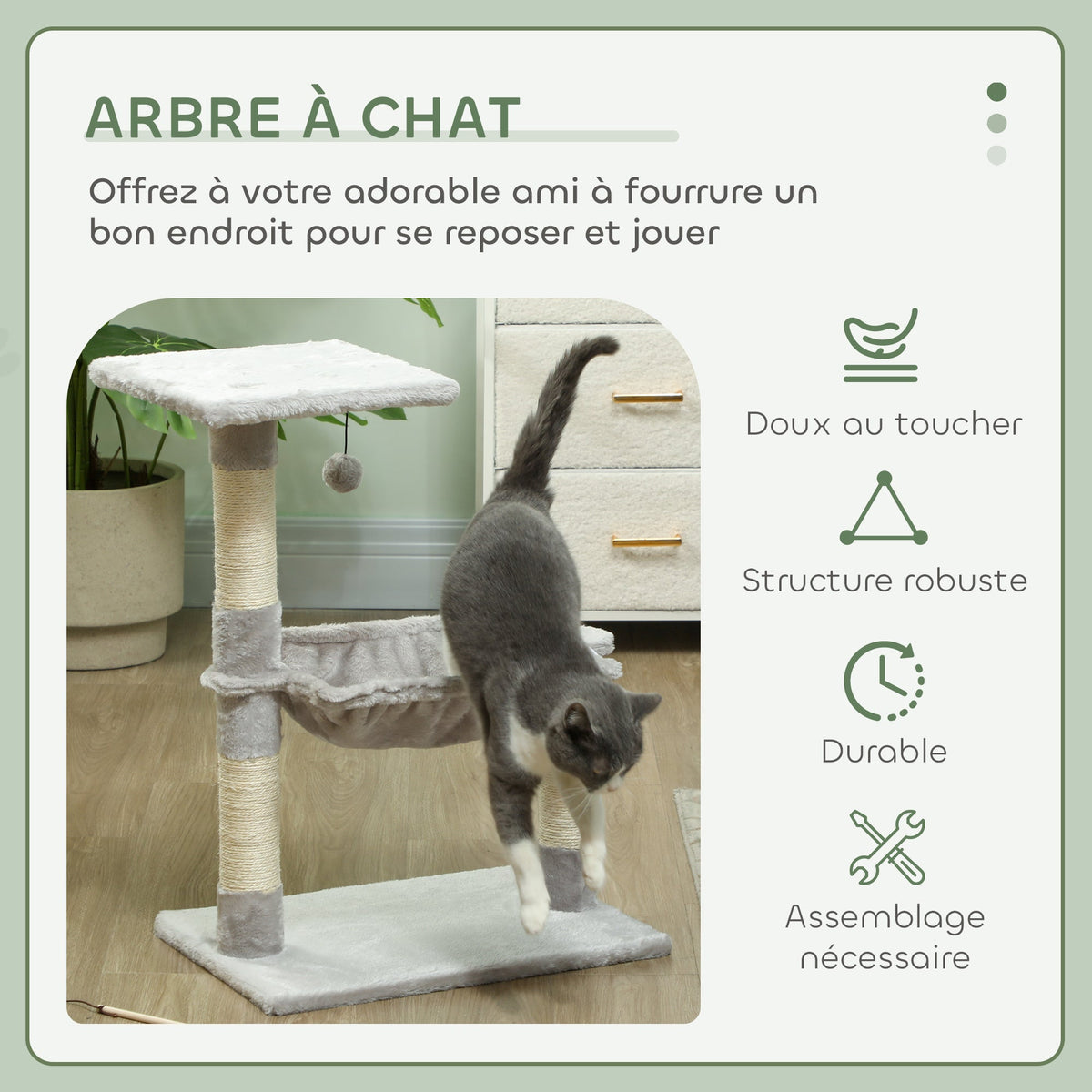 Arbre à chat 3 griffoirs grattoirs sisal naturel plateforme hamac et boule suspendue 50 x 26 x 70 cm peluche courte gris - Alma Nova Care