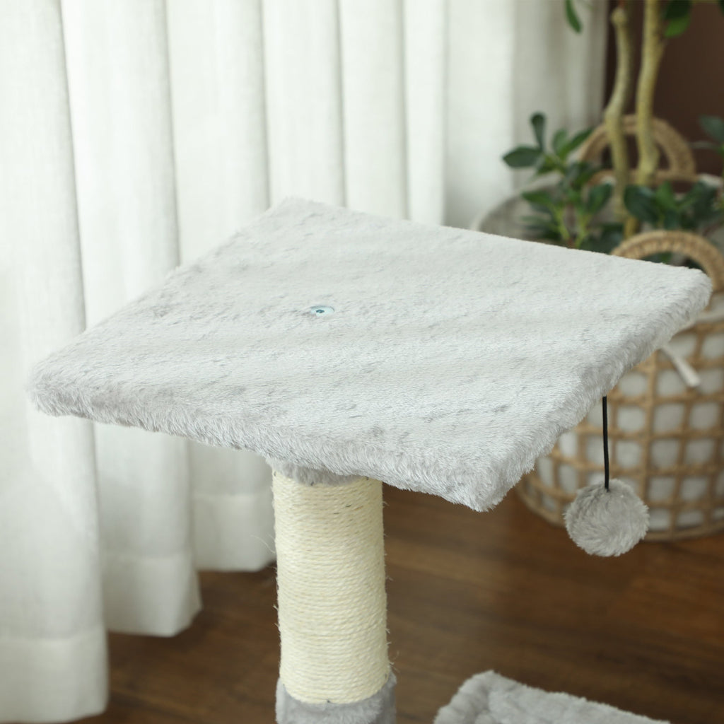 Arbre à chat 3 griffoirs grattoirs sisal naturel plateforme hamac et boule suspendue 50 x 26 x 70 cm peluche courte gris - Alma Nova Care