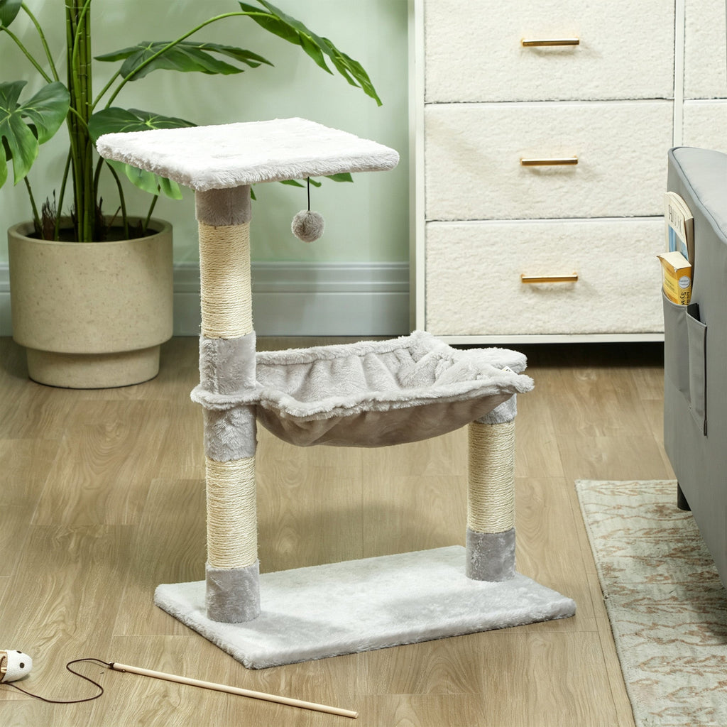 Arbre à chat 3 griffoirs grattoirs sisal naturel plateforme hamac et boule suspendue 50 x 26 x 70 cm peluche courte gris - Alma Nova Care