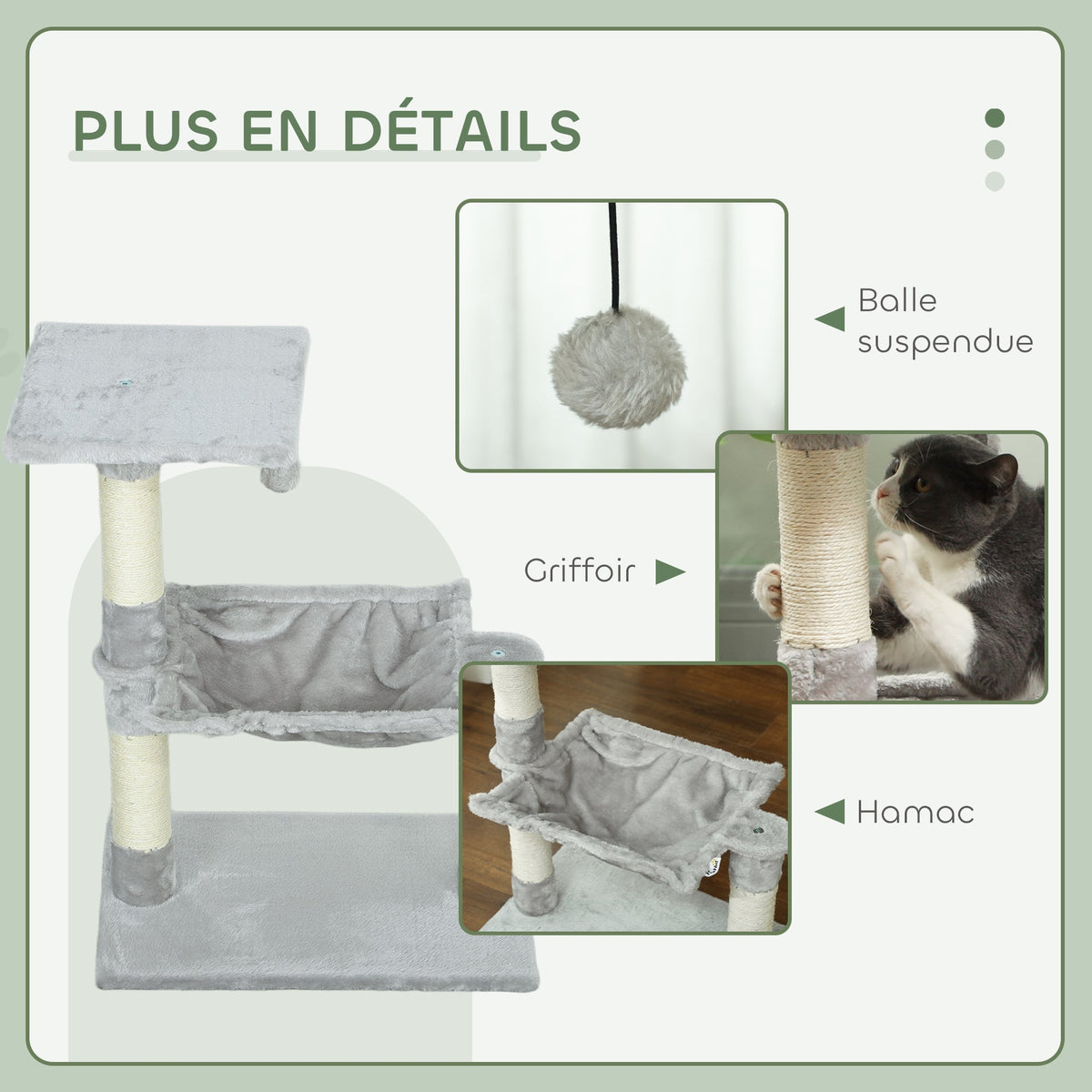 Arbre à chat 3 griffoirs grattoirs sisal naturel plateforme hamac et boule suspendue 50 x 26 x 70 cm peluche courte gris - Alma Nova Care